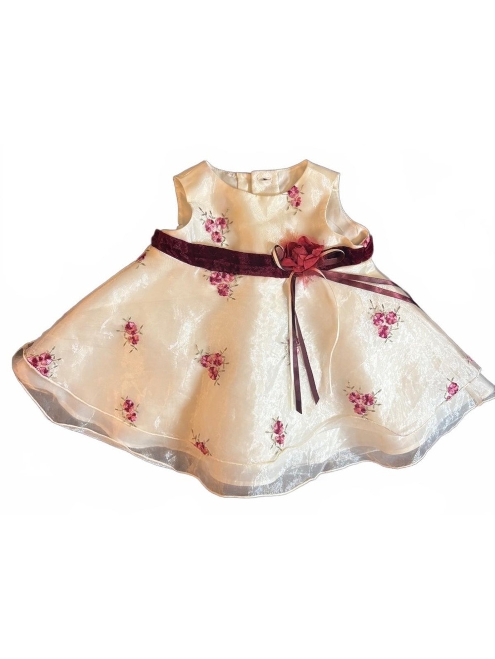 La Princess Ivory and Burgundy Floral Baby Dress Size 3-6m